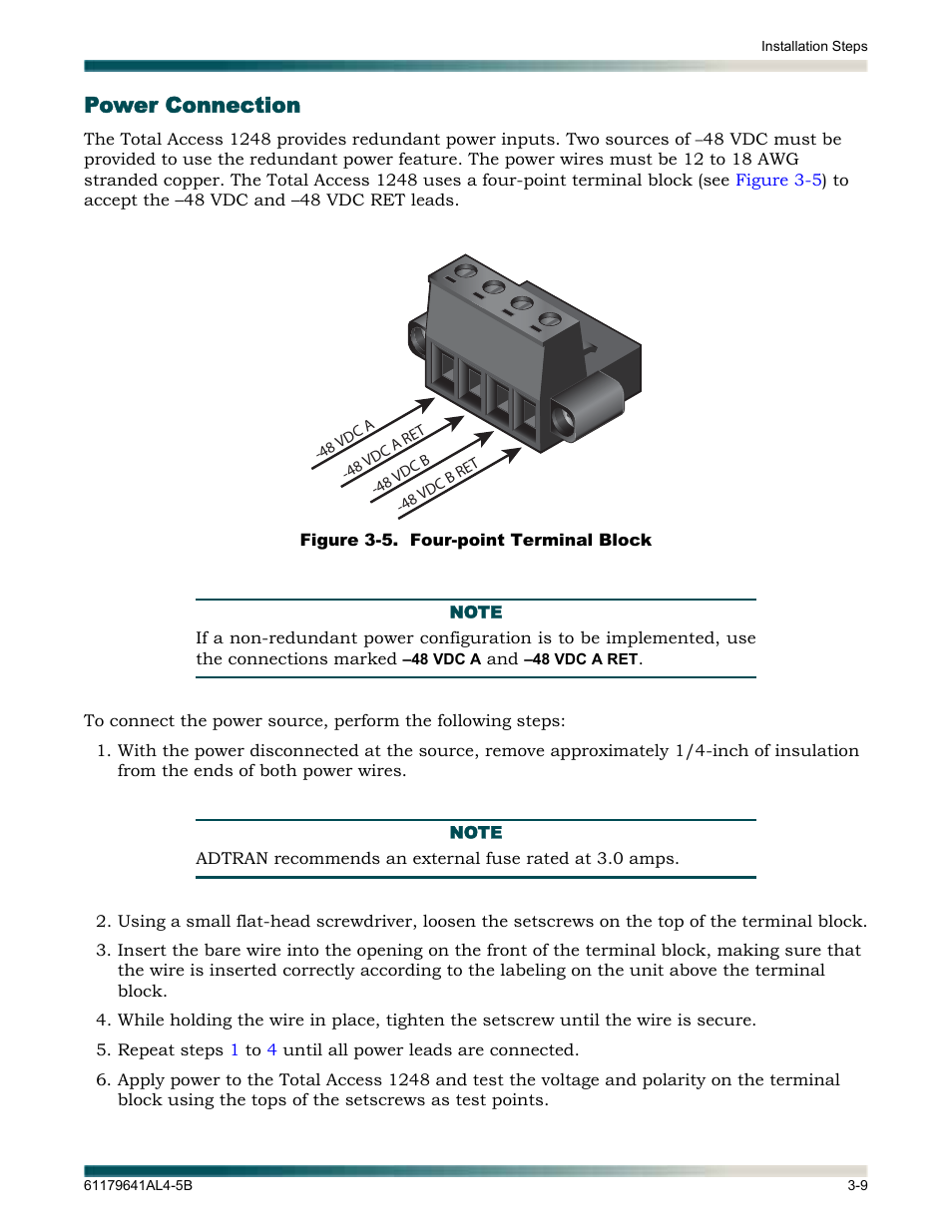 Power connection, Power connection -9, Figure 3-5 | Four-point terminal block -9 | ADTRAN 1248 User Manual | Page 33 / 236