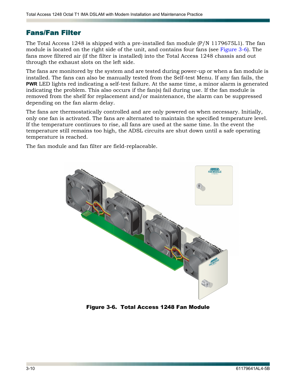Fans/fan filter, Fans/fan filter -10, Figure 3-6 | Total access 1248 fan module -10 | ADTRAN 1248 User Manual | Page 34 / 236