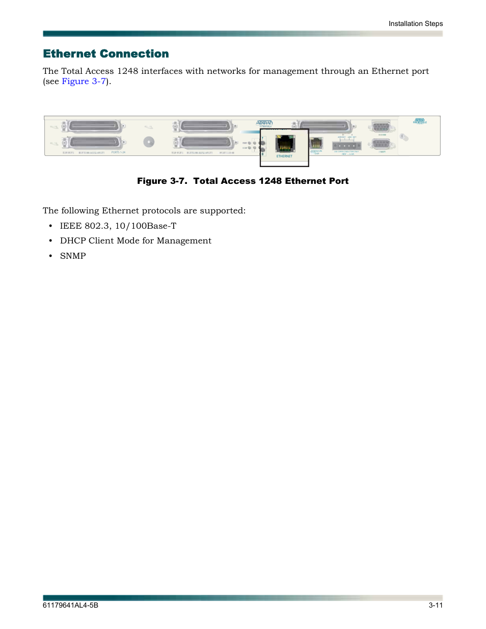 Ethernet connection, Ethernet connection -11, Figure 3-7 | Total access 1248 ethernet port -11 | ADTRAN 1248 User Manual | Page 35 / 236