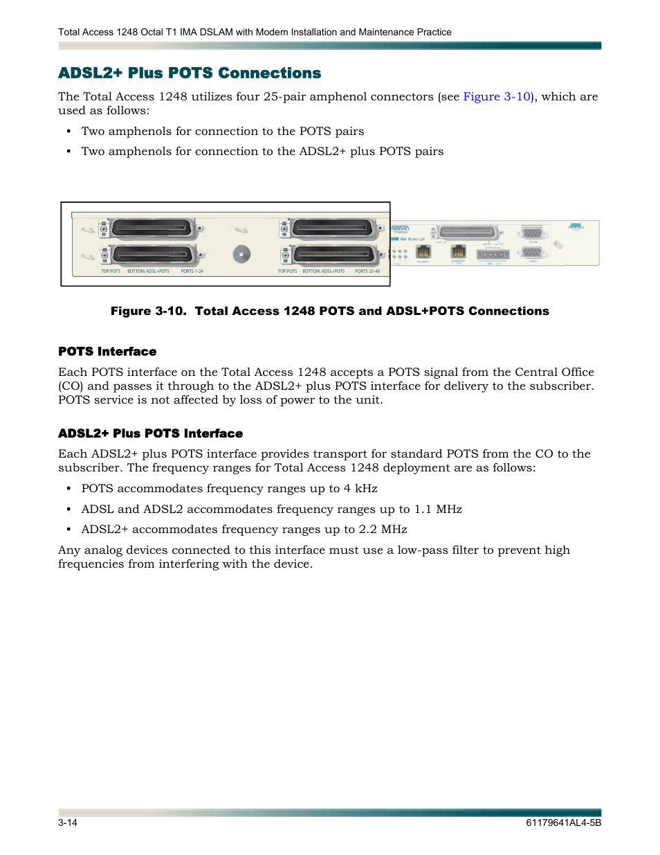 Adsl2+ plus pots connections, Pots interface, Adsl2+ plus pots interface | Adsl2+ plus pots connections -14, Pots interface -14 adsl2+ plus pots interface -14 | ADTRAN 1248 User Manual | Page 38 / 236