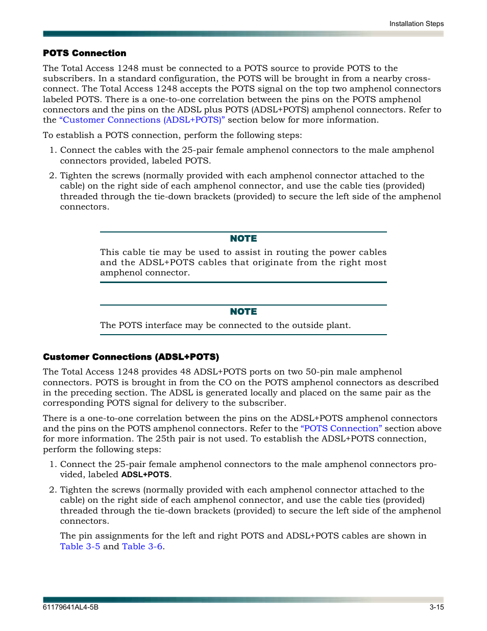 Pots connection, Customer connections (adsl+pots) | ADTRAN 1248 User Manual | Page 39 / 236