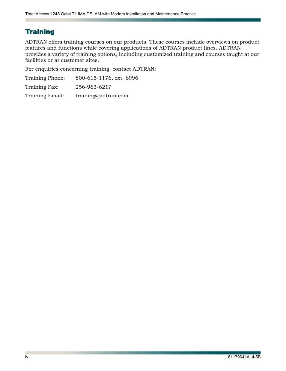 Training | ADTRAN 1248 User Manual | Page 4 / 236