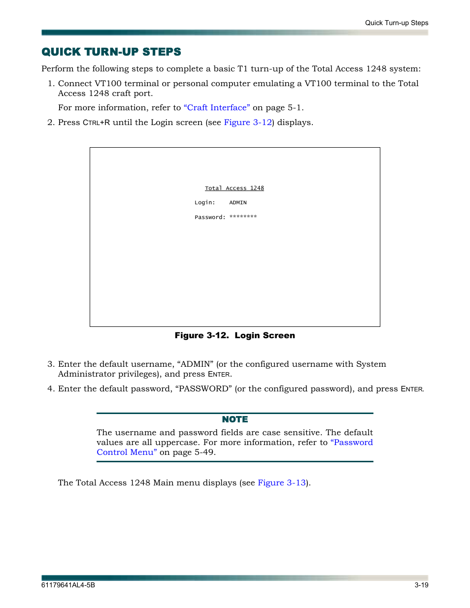 Quick turn-up steps, Quick turn-up steps -19, Figure 3-12. login screen -19 | ADTRAN 1248 User Manual | Page 43 / 236