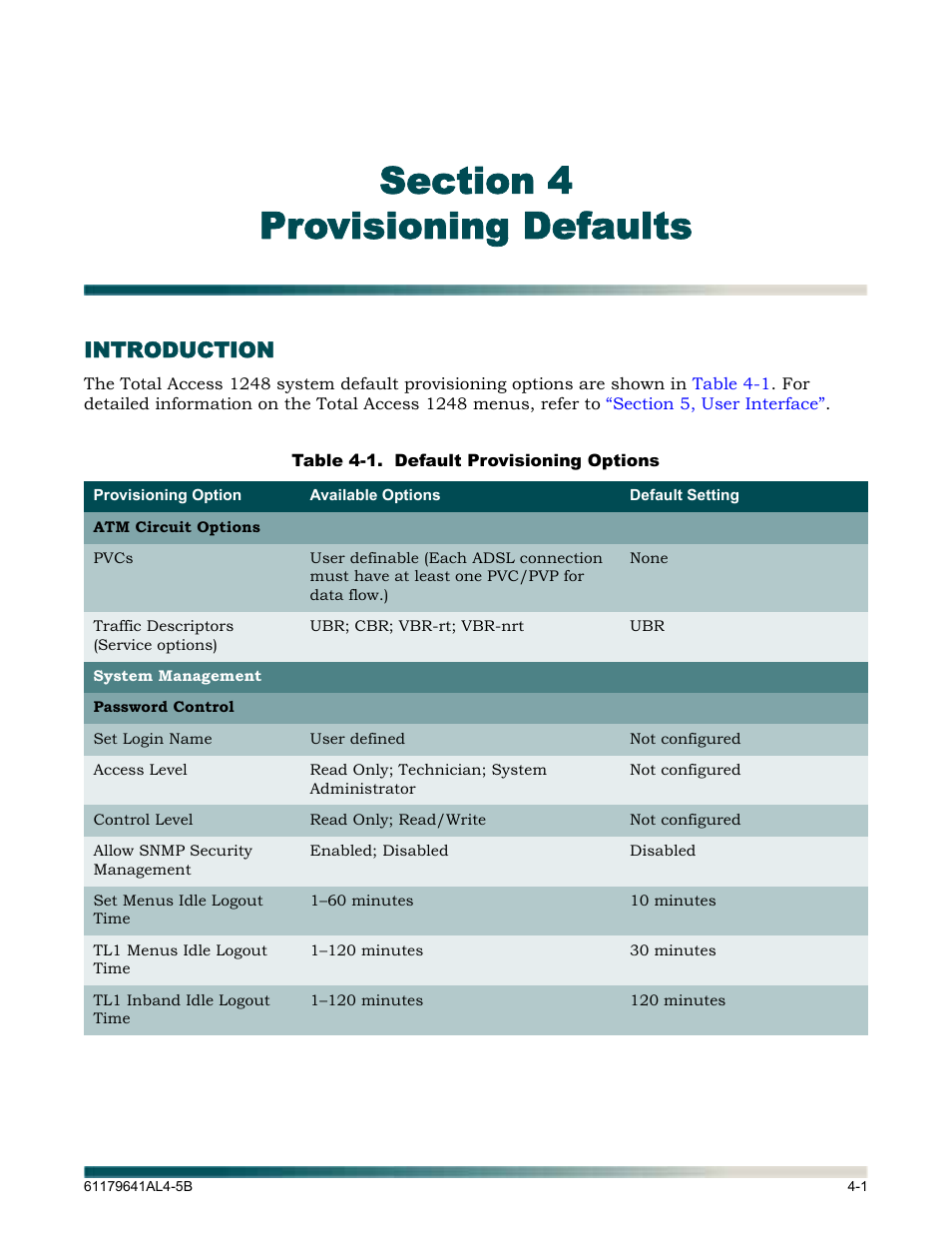 Section 4, provisioning defaults, Introduction, Section 4 provisioning defaults -1 | Introduction -1, Table 4-1, Default provisioning options -1 | ADTRAN 1248 User Manual | Page 49 / 236