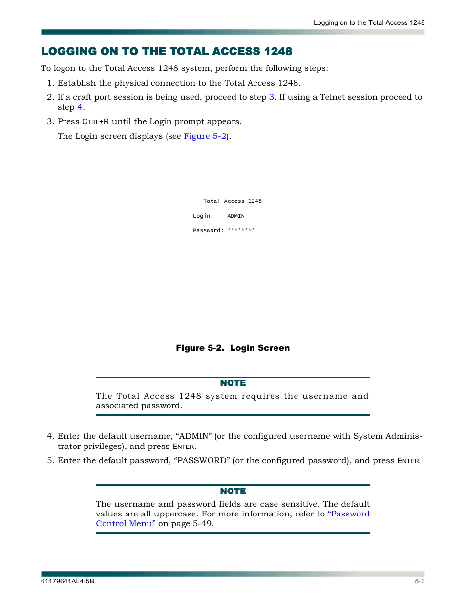 Logging on to the total access 1248, Logging on to the total access 1248 -3, Figure 5-2 | Login screen -3 | ADTRAN 1248 User Manual | Page 55 / 236