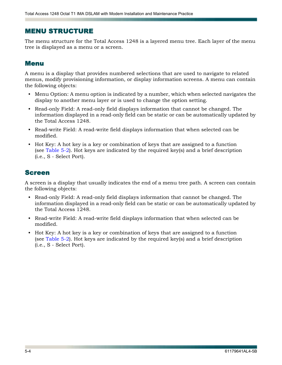 Menu structure, Menu, Screen | Menu structure -4, Menu -4 screen -4 | ADTRAN 1248 User Manual | Page 56 / 236