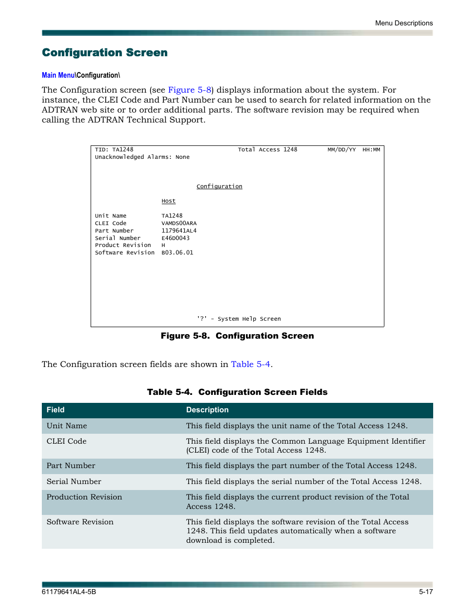 Configuration screen, Configuration screen -17, Figure 5-8 | Table 5-4, Configuration screen fields -17, Displays the | ADTRAN 1248 User Manual | Page 69 / 236