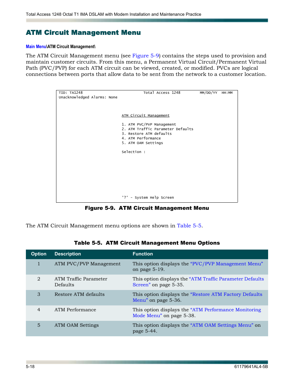 Atm circuit management menu, Atm circuit management menu -18, Figure 5-9 | Table 5-5, Atm circuit management menu options -18, Displays the, Atm circuit management, Menu | ADTRAN 1248 User Manual | Page 70 / 236