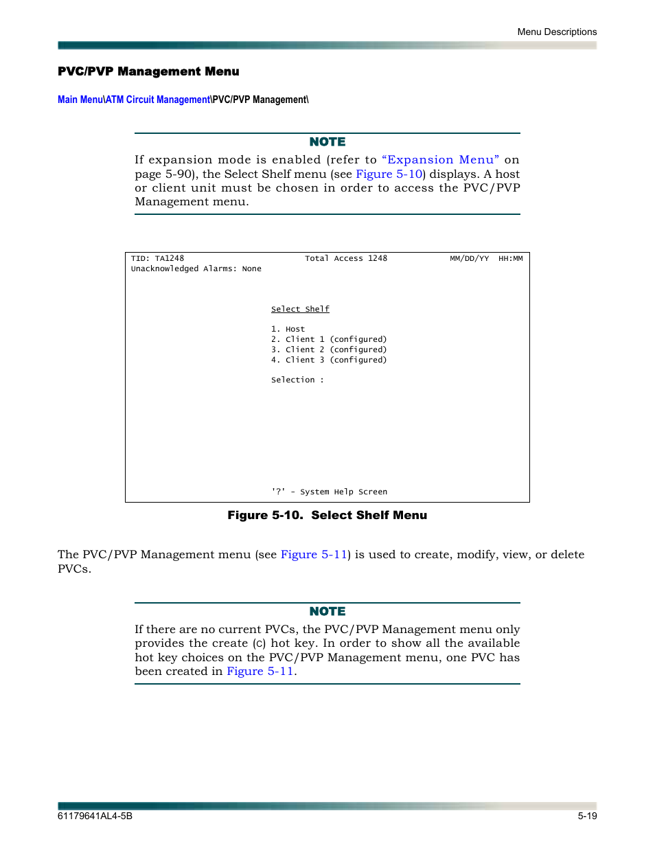 Pvc/pvp management menu, Pvc/pvp management menu -19, Figure 5-10. select shelf menu -19 | ADTRAN 1248 User Manual | Page 71 / 236