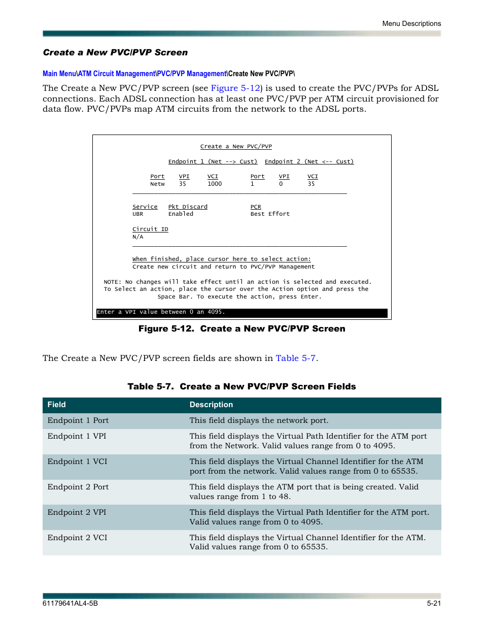 Create a new pvc/pvp screen, Create a new pvc/pvp screen -21, Figure 5-12. create a new pvc/pvp screen -21 | Table 5-7, Create a new pvc/pvp screen fields -21, Isplays the, Create a new pvc/pvp, Screen | ADTRAN 1248 User Manual | Page 73 / 236