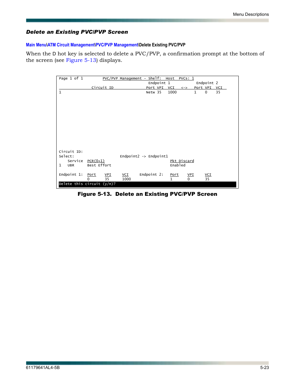 Delete an existing pvc/pvp screen, Delete an existing pvc/pvp screen -23, Figure 5-13. delete an existing pvc/pvp screen -23 | Isplays the, Delete an existing pvc/pvp, Screen | ADTRAN 1248 User Manual | Page 75 / 236
