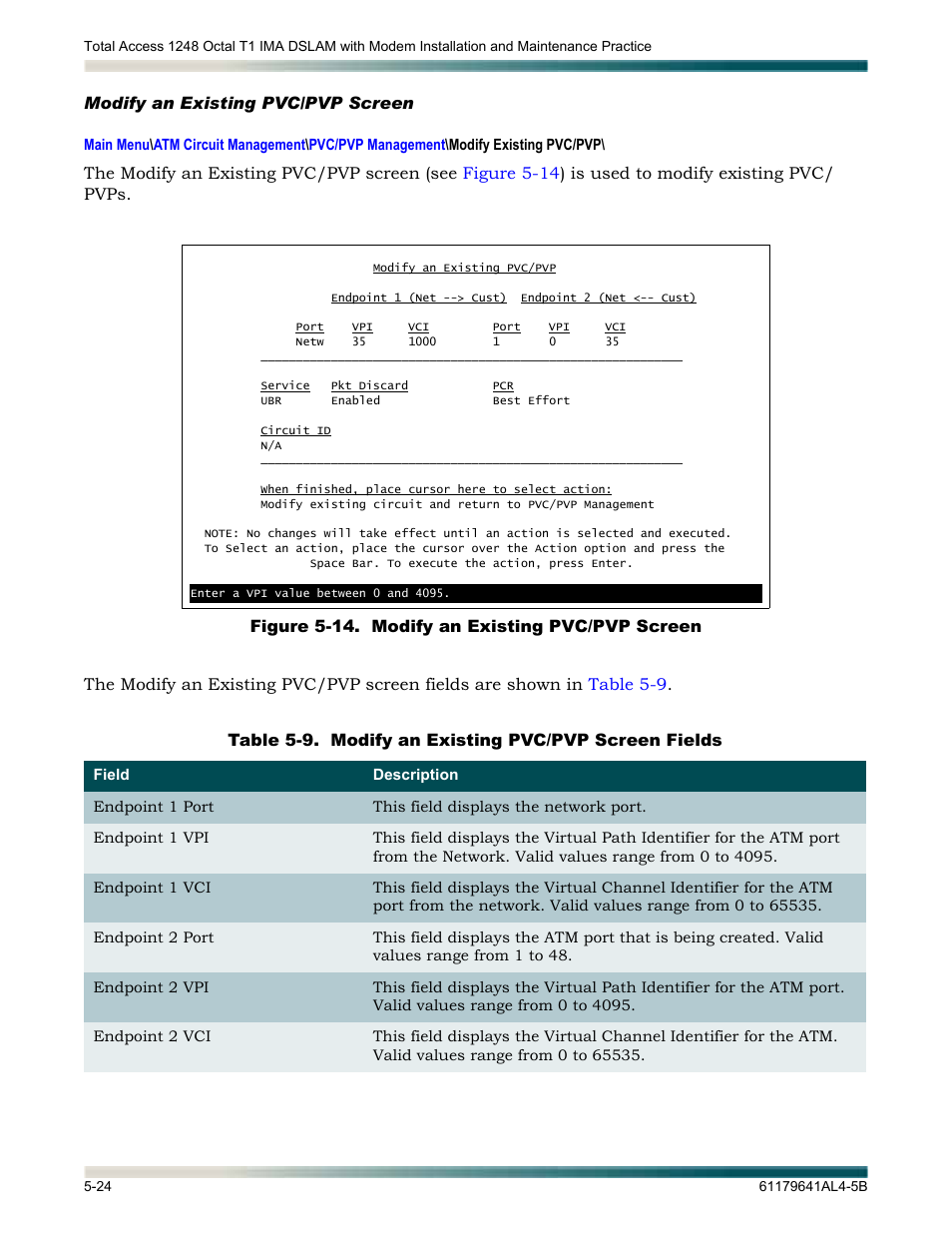 Modify an existing pvc/pvp screen, Modify an existing pvc/pvp screen -24, Figure 5-14. modify an existing pvc/pvp screen -24 | Table 5-9, Modify an existing pvc/pvp screen fields -24, Isplays the, Modify an existing pvc/pvp, Screen | ADTRAN 1248 User Manual | Page 76 / 236