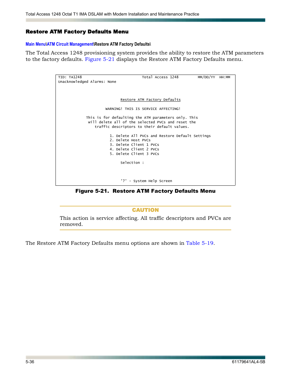 Restore atm factory defaults menu, Restore atm factory defaults menu -36, Figure 5-21. restore atm factory defaults menu -36 | Restore atm factory defaults, Menu | ADTRAN 1248 User Manual | Page 88 / 236