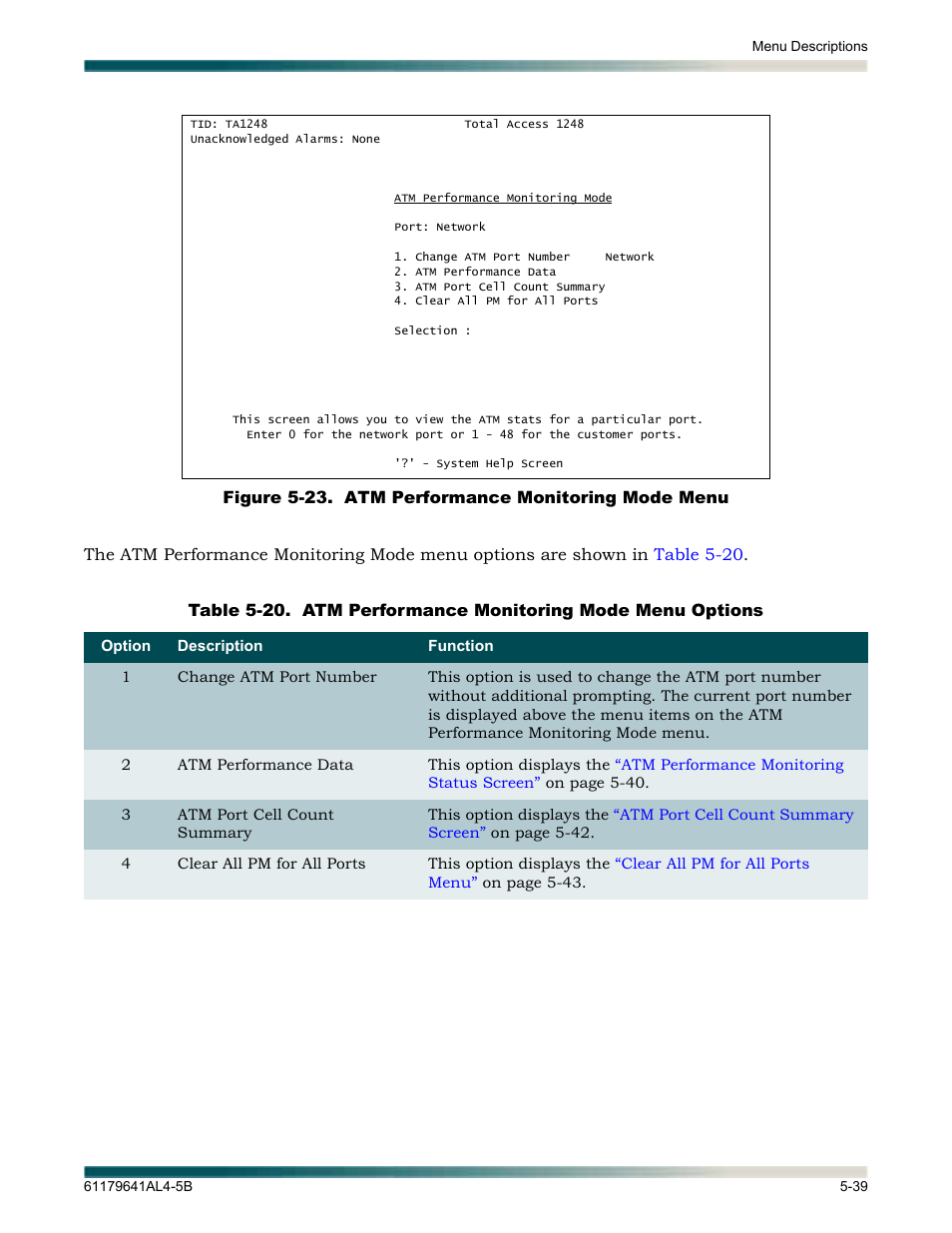 Table 5-20, Atm performance monitoring mode menu options -39, Figure 5-23 | ADTRAN 1248 User Manual | Page 91 / 236