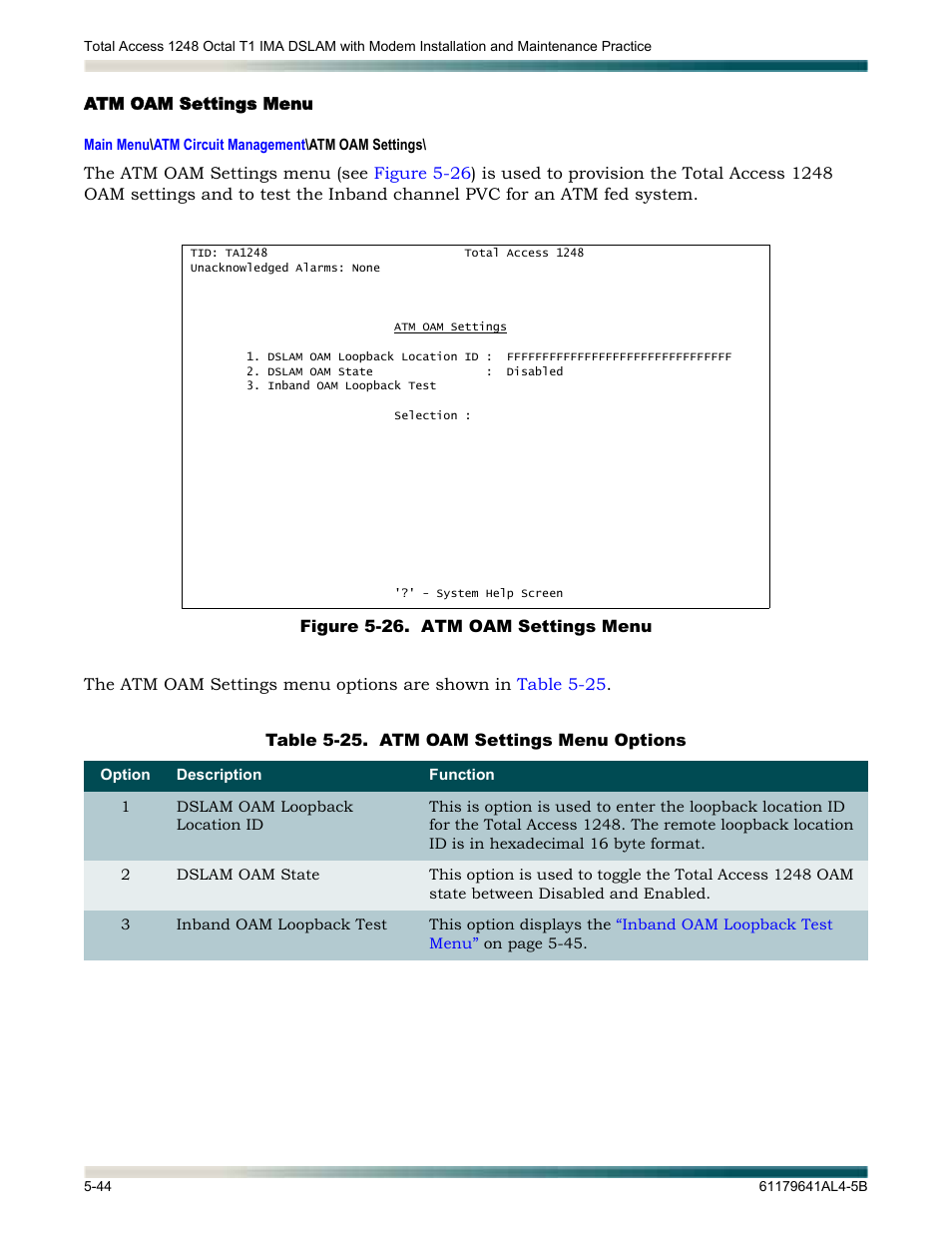 Atm oam settings menu, Atm oam settings menu -44, Figure 5-26. atm oam settings menu -44 | Table 5-25, Atm oam settings menu options -44 | ADTRAN 1248 User Manual | Page 96 / 236