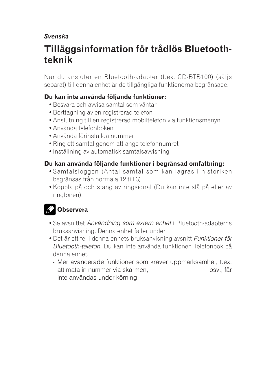 Tilläggsinformation för trådlös bluetooth- teknik | Pioneer AVH-5200BT User Manual | Page 7 / 24