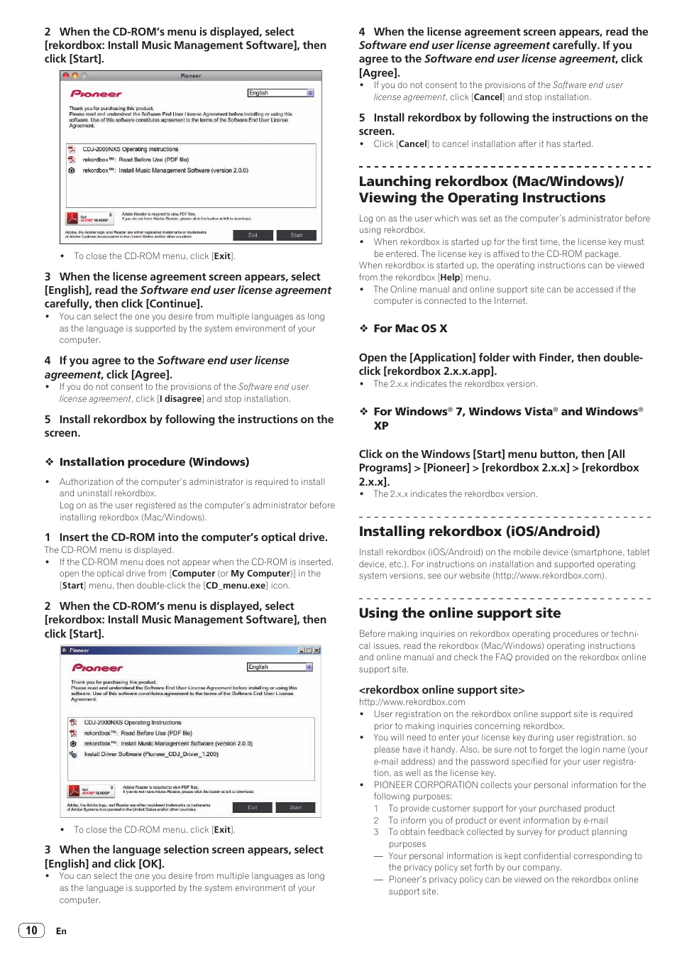 Installing rekordbox (ios/android), Using the online support site | Pioneer CDJ-2000NXS User Manual | Page 10 / 47