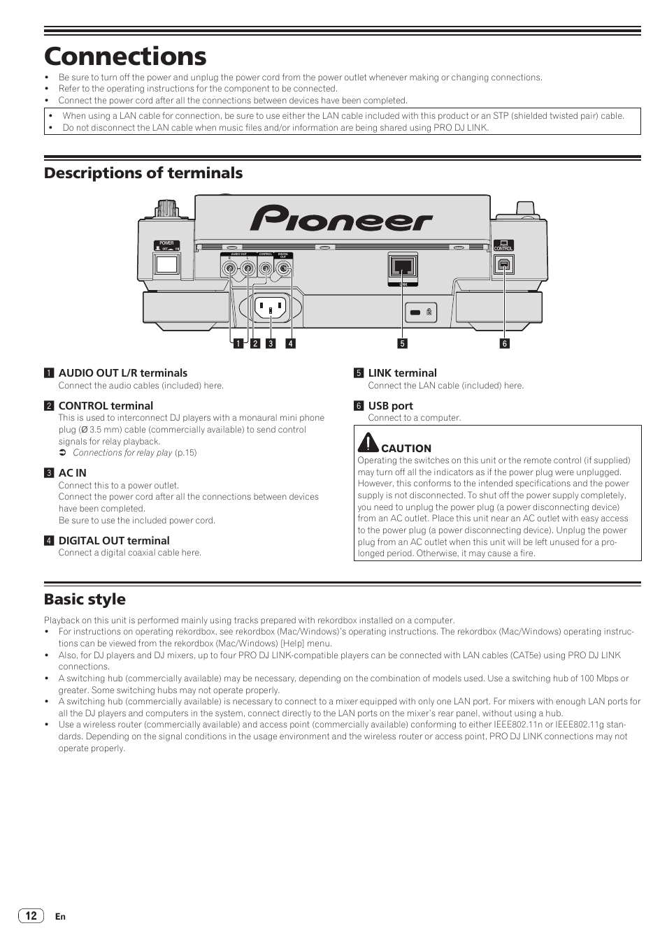 Connections, Descriptions of terminals, Basic style | Descriptions of terminals basic style | Pioneer CDJ-2000NXS User Manual | Page 12 / 47