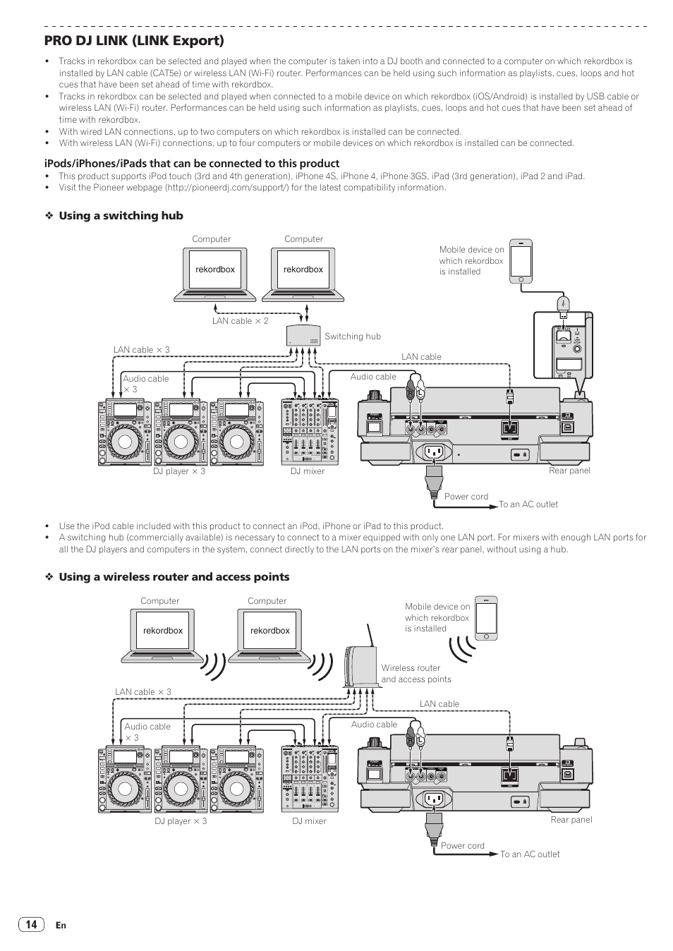 Pro dj link (link export), Using a switching hub, Using a wireless router and access points | Pioneer CDJ-2000NXS User Manual | Page 14 / 47