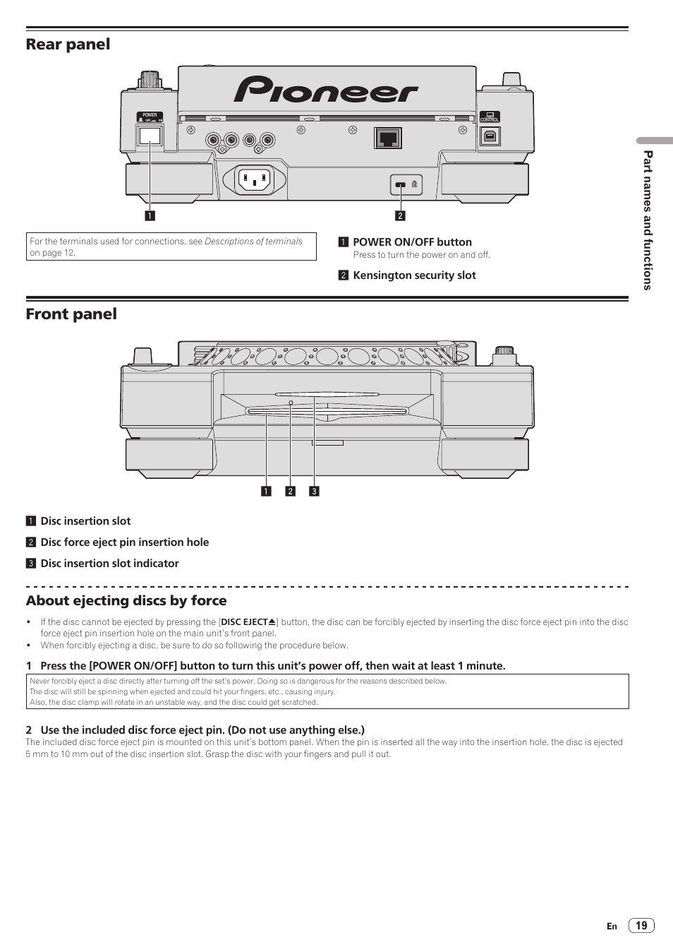 Rear panel, Front panel, Rear panel front panel | About ejecting discs by force | Pioneer CDJ-2000NXS User Manual | Page 19 / 47