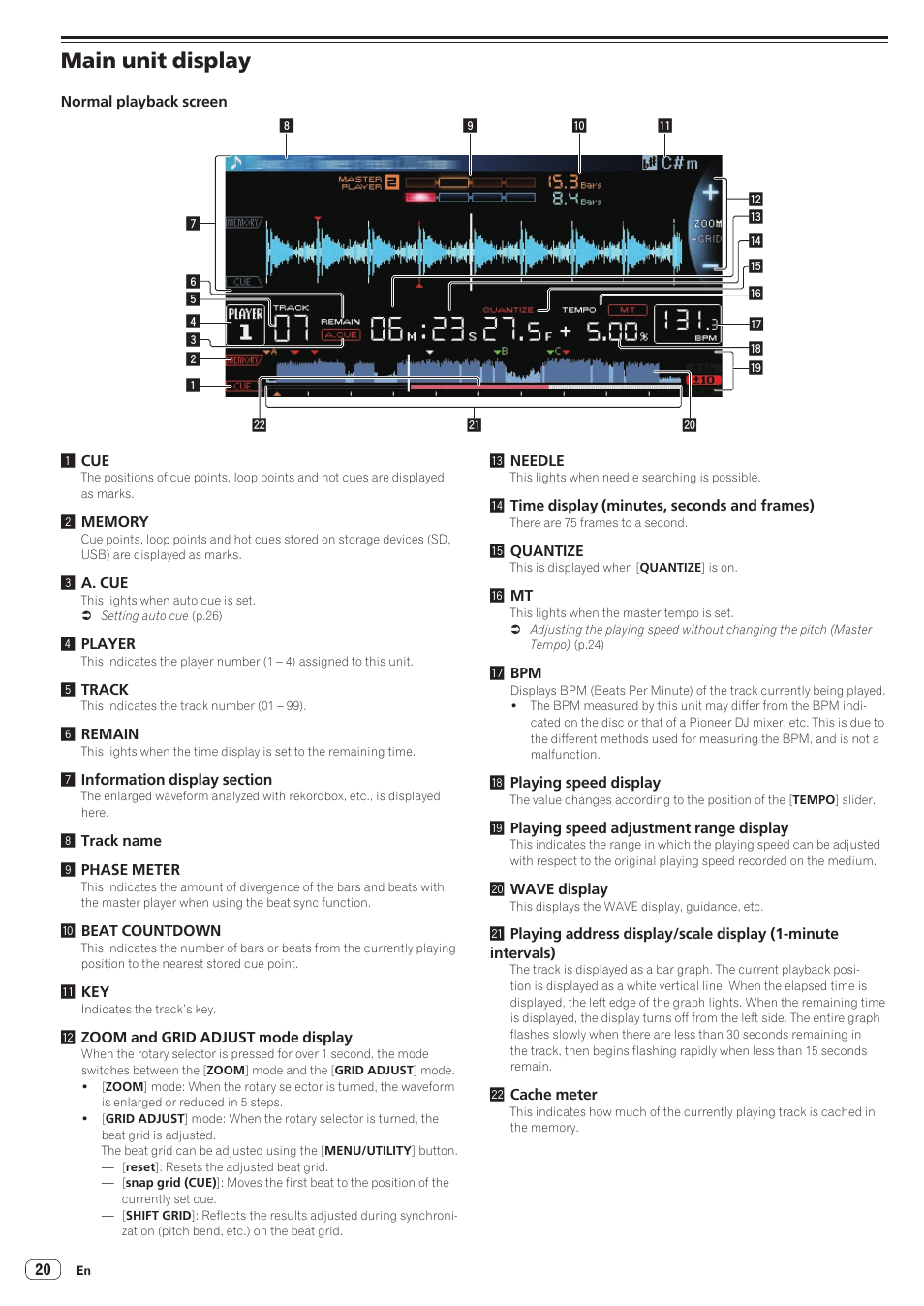 Main unit display | Pioneer CDJ-2000NXS User Manual | Page 20 / 47