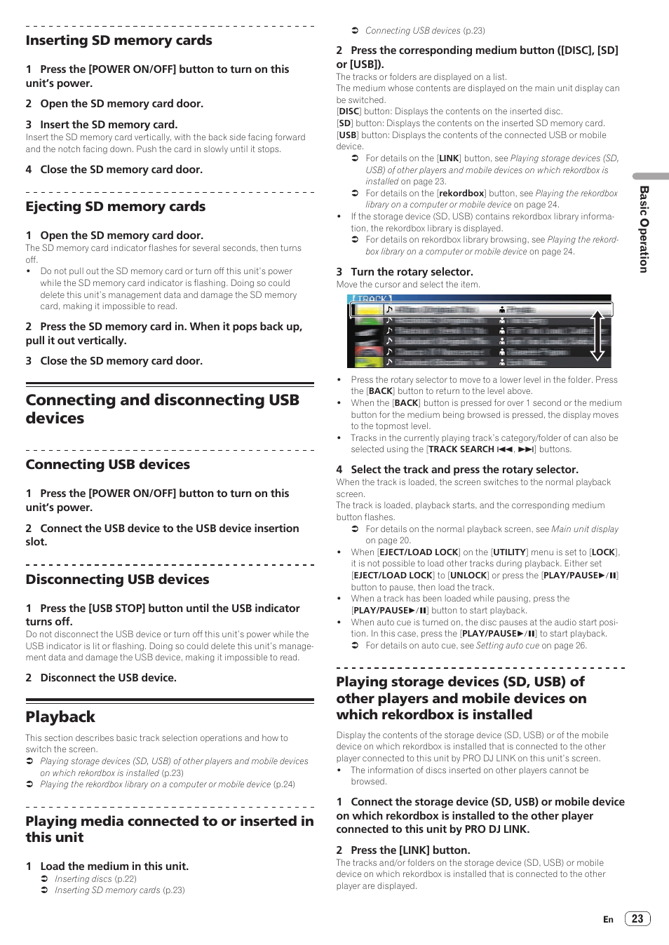 Connecting and disconnecting usb devices, Playback, Connecting and disconnecting usb devices playback | Connecting usb devices, Disconnecting usb devices | Pioneer CDJ-2000NXS User Manual | Page 23 / 47