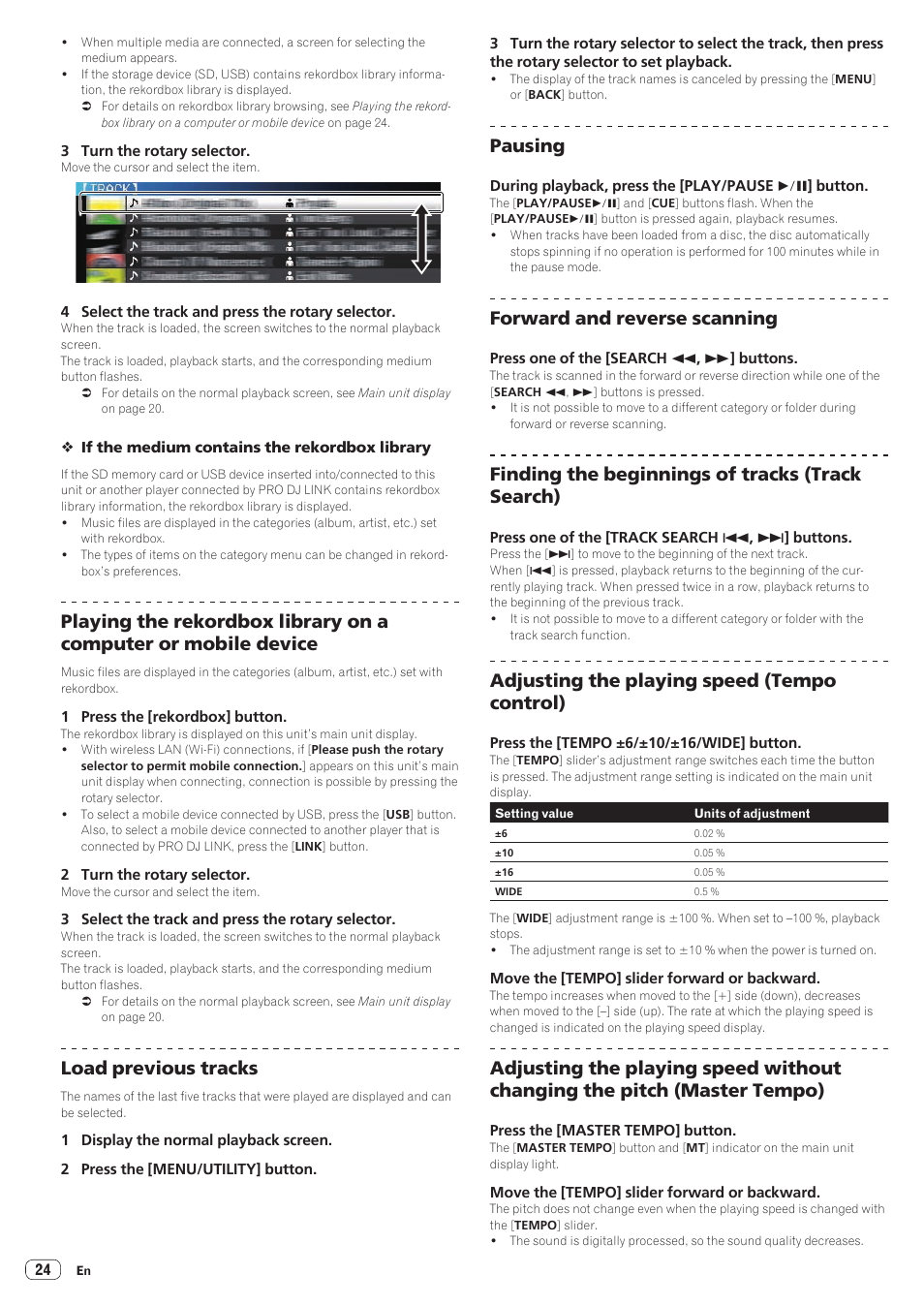 Load previous tracks, Pausing, Forward and reverse scanning | Finding the beginnings of tracks (track search), Adjusting the playing speed (tempo control) | Pioneer CDJ-2000NXS User Manual | Page 24 / 47