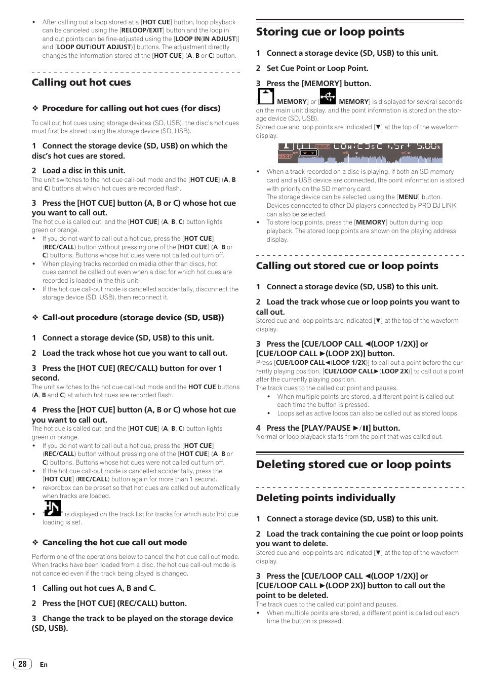 Storing cue or loop points, Deleting stored cue or loop points, Calling out hot cues | Calling out stored cue or loop points, Deleting points individually | Pioneer CDJ-2000NXS User Manual | Page 28 / 47