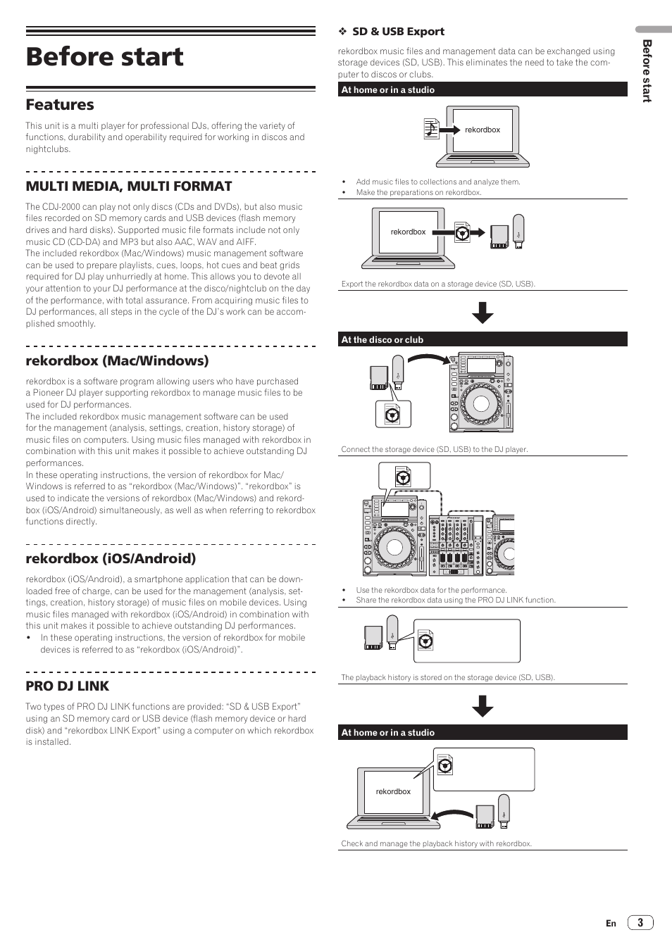 Before start, Features, Multi media, multi format | Rekordbox (mac/windows), Rekordbox (ios/android), Pro dj link | Pioneer CDJ-2000NXS User Manual | Page 3 / 47