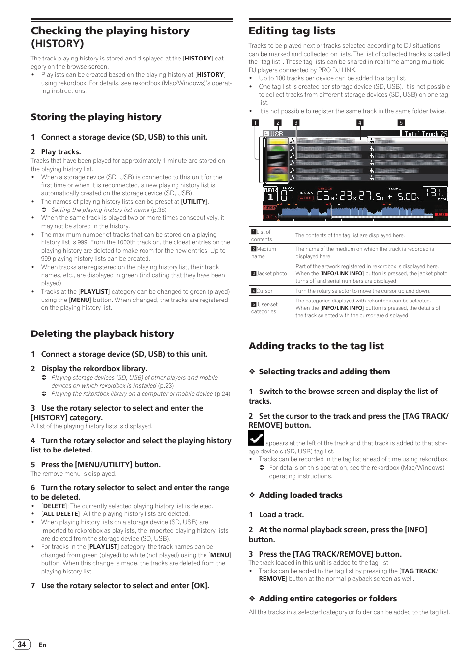 Checking the playing history (history), Editing tag lists, Storing the playing history | Deleting the playback history, Adding tracks to the tag list | Pioneer CDJ-2000NXS User Manual | Page 34 / 47