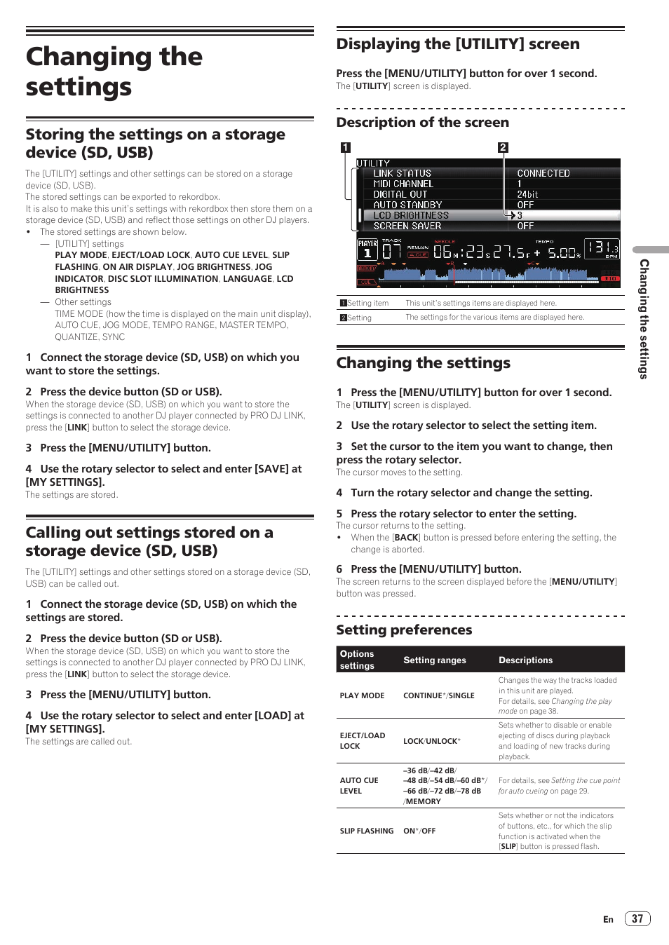 Changing the settings, Storing the settings on a storage device (sd, usb), Displaying the [utility] screen | Description of the screen, Setting preferences | Pioneer CDJ-2000NXS User Manual | Page 37 / 47