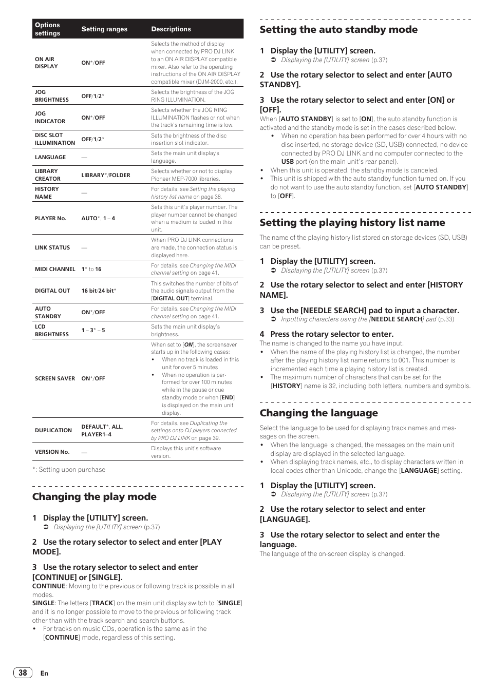 Changing the play mode, Setting the auto standby mode, Setting the playing history list name | Changing the language | Pioneer CDJ-2000NXS User Manual | Page 38 / 47