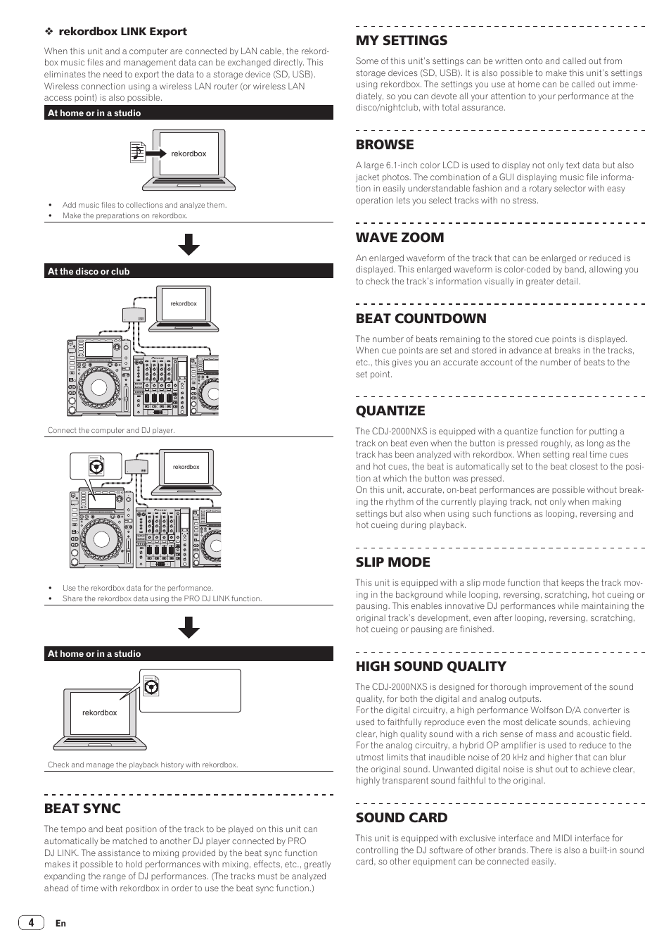 Beat sync, My settings, Browse | Wave zoom, Beat countdown, Quantize, Slip mode, High sound quality, Sound card | Pioneer CDJ-2000NXS User Manual | Page 4 / 47