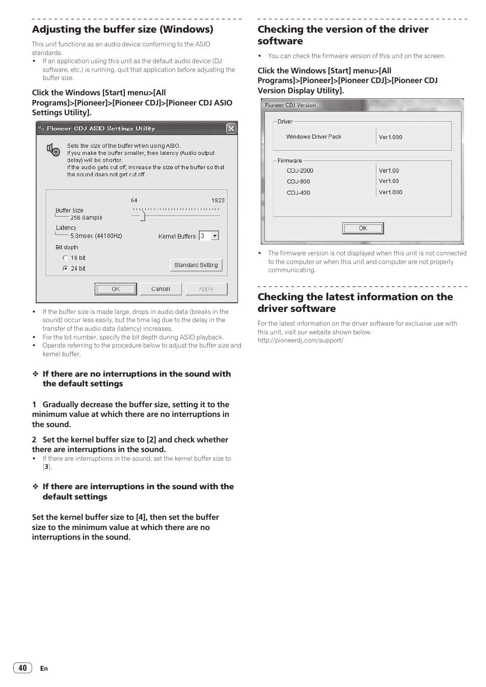 Adjusting the buffer size (windows), Checking the version of the driver software | Pioneer CDJ-2000NXS User Manual | Page 40 / 47