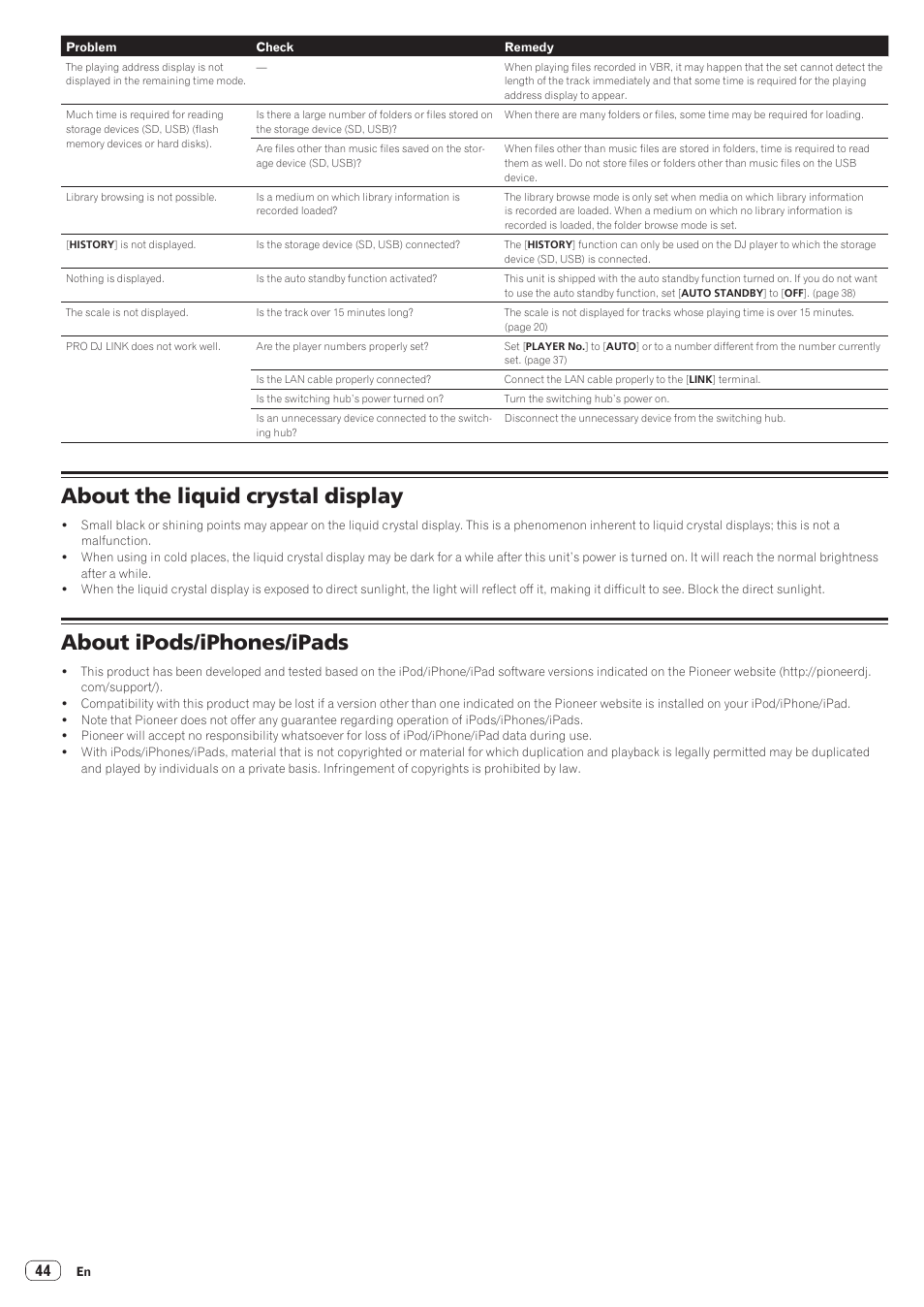 About the liquid crystal display, About ipods/iphones/ipads | Pioneer CDJ-2000NXS User Manual | Page 44 / 47