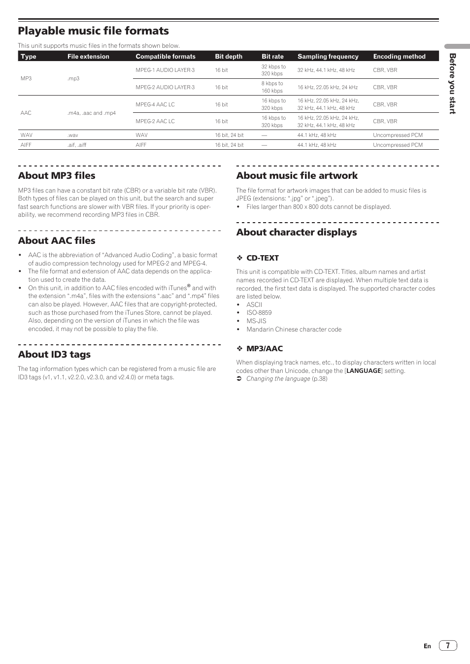 Playable music file formats, About mp3 files, About aac files | About id3 tags, About music file artwork, About character displays, Before you start | Pioneer CDJ-2000NXS User Manual | Page 7 / 47