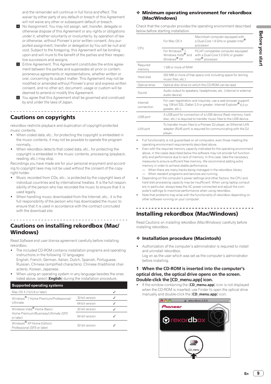 Cautions on copyrights, Cautions on installing rekordbox (mac/ windows), Installing rekordbox (mac/windows) | Before you start | Pioneer CDJ-2000NXS User Manual | Page 9 / 47