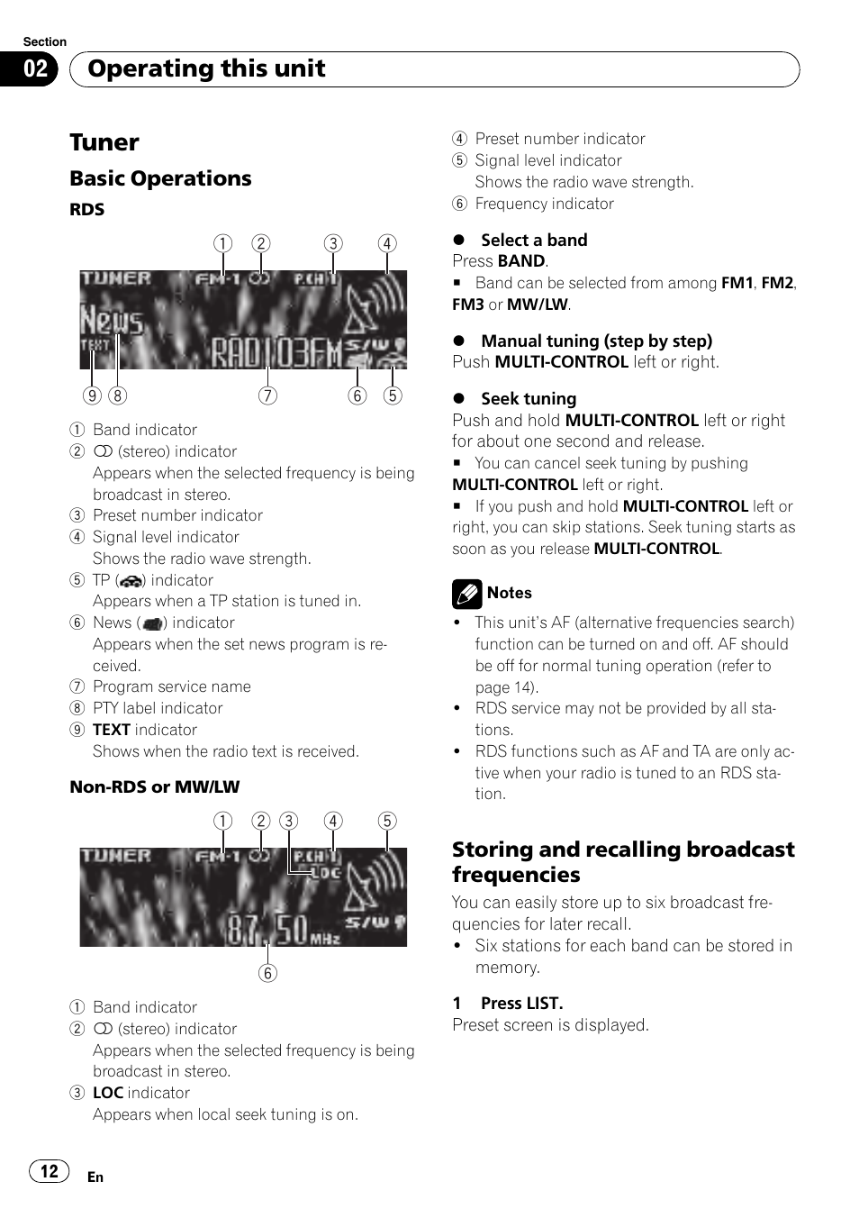 Tuner, Basic operations 12, Storing and recalling broadcast | Frequencies, Operating this unit, Basic operations, Storing and recalling broadcast frequencies | Pioneer DEH-P7000UB User Manual | Page 12 / 70