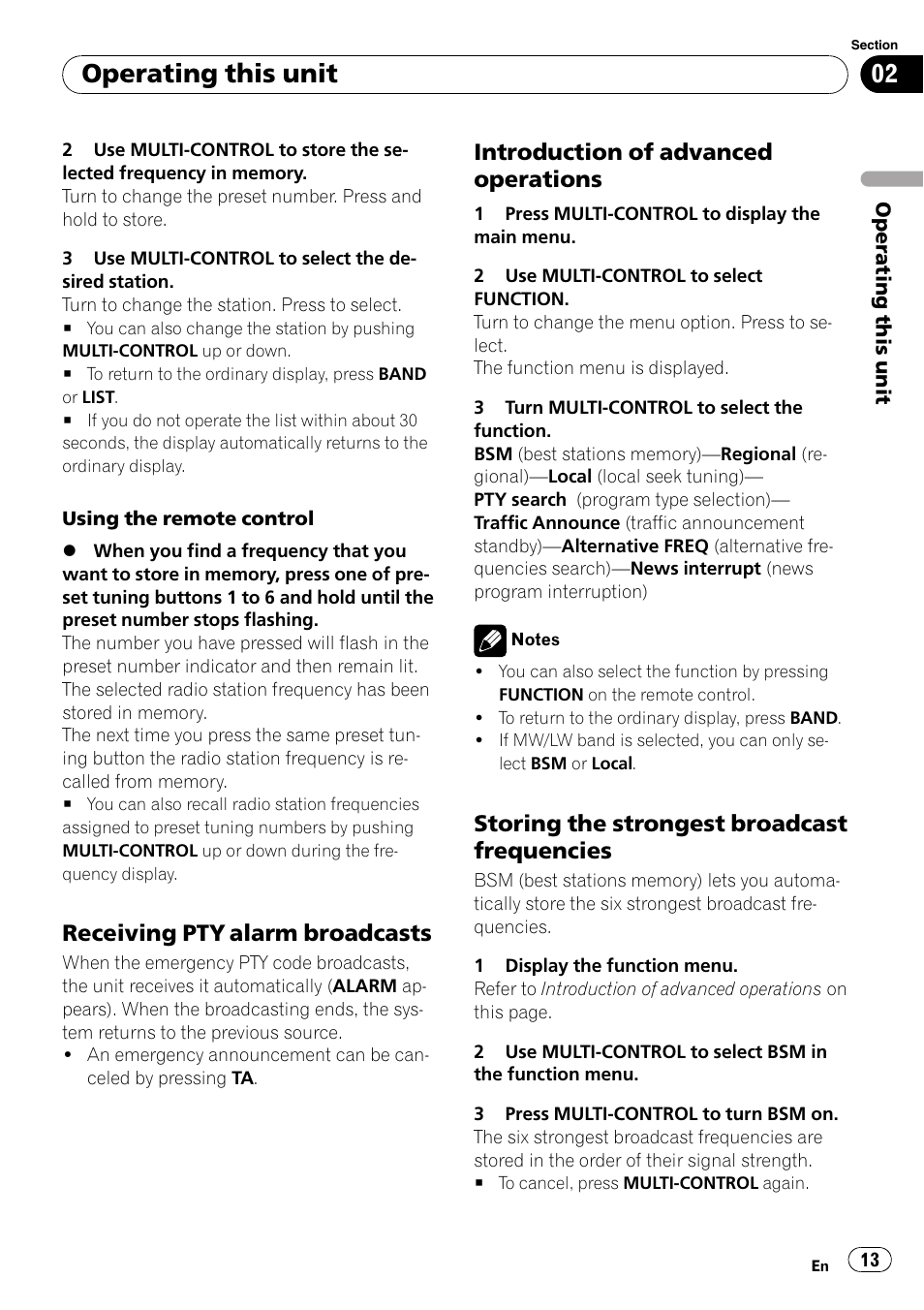 Receiving pty alarm broadcasts 13, Introduction of advanced, Operations | Storing the strongest broadcast, Frequencies, Operating this unit, Receiving pty alarm broadcasts, Introduction of advanced operations, Storing the strongest broadcast frequencies | Pioneer DEH-P7000UB User Manual | Page 13 / 70