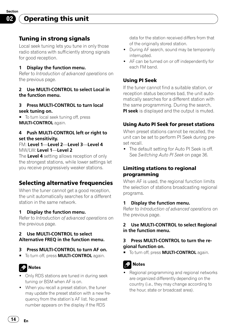 Tuning in strong signals 14, Selecting alternative frequencies 14, Operating this unit | Tuning in strong signals, Selecting alternative frequencies | Pioneer DEH-P7000UB User Manual | Page 14 / 70