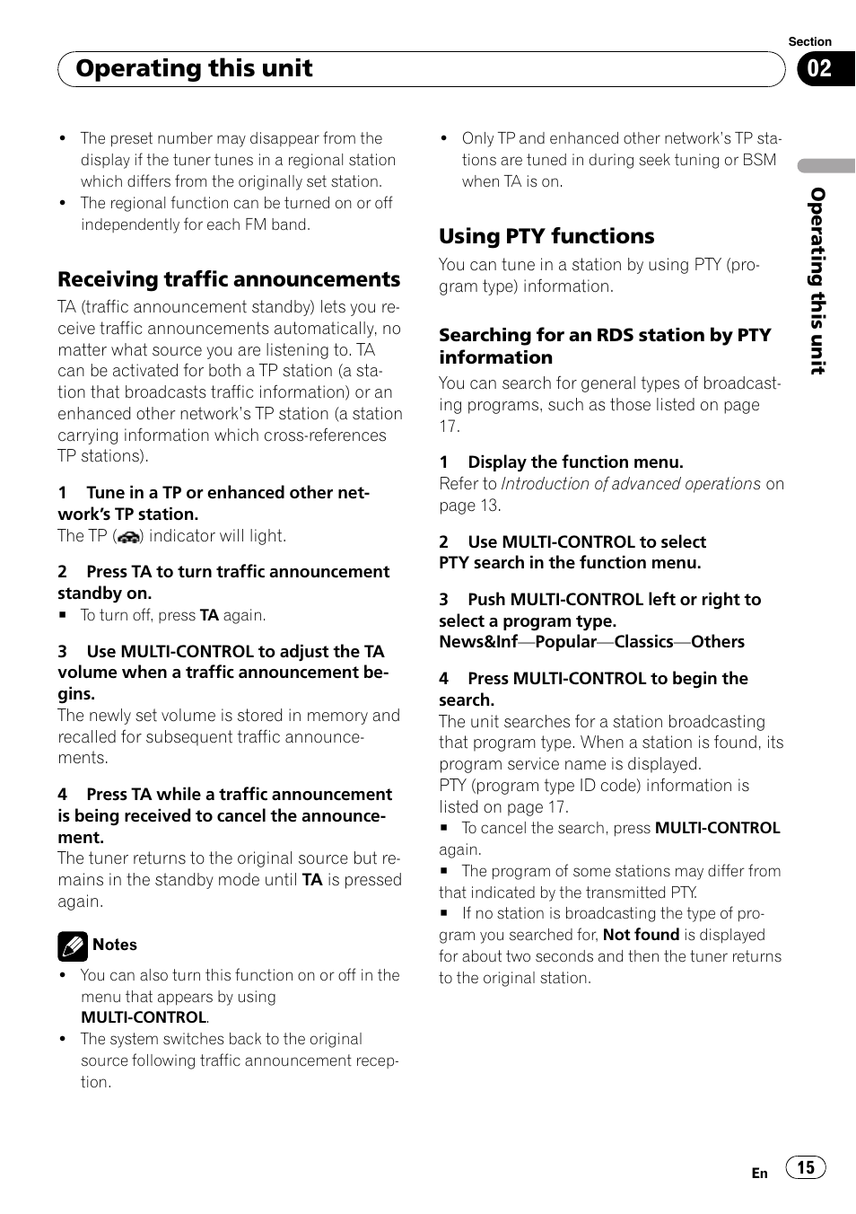 Receiving traffic announcements 15, Using pty functions 15, Operating this unit | Receiving traffic announcements, Using pty functions | Pioneer DEH-P7000UB User Manual | Page 15 / 70