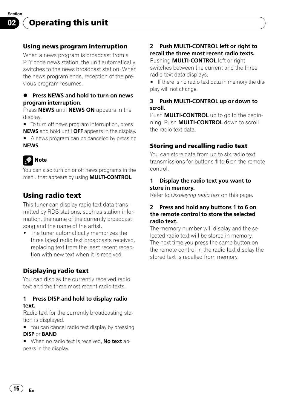 Using radio text 16, Operating this unit, Using radio text | Pioneer DEH-P7000UB User Manual | Page 16 / 70