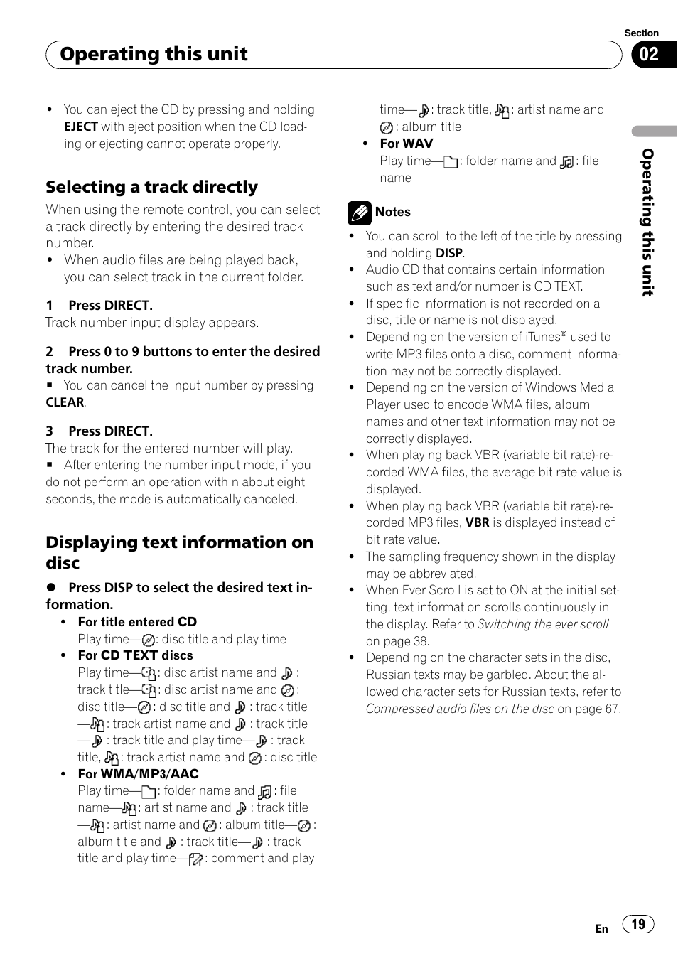 Selecting a track directly 19, Displaying text information on disc 19, Operating this unit | Selecting a track directly, Displaying text information on disc | Pioneer DEH-P7000UB User Manual | Page 19 / 70