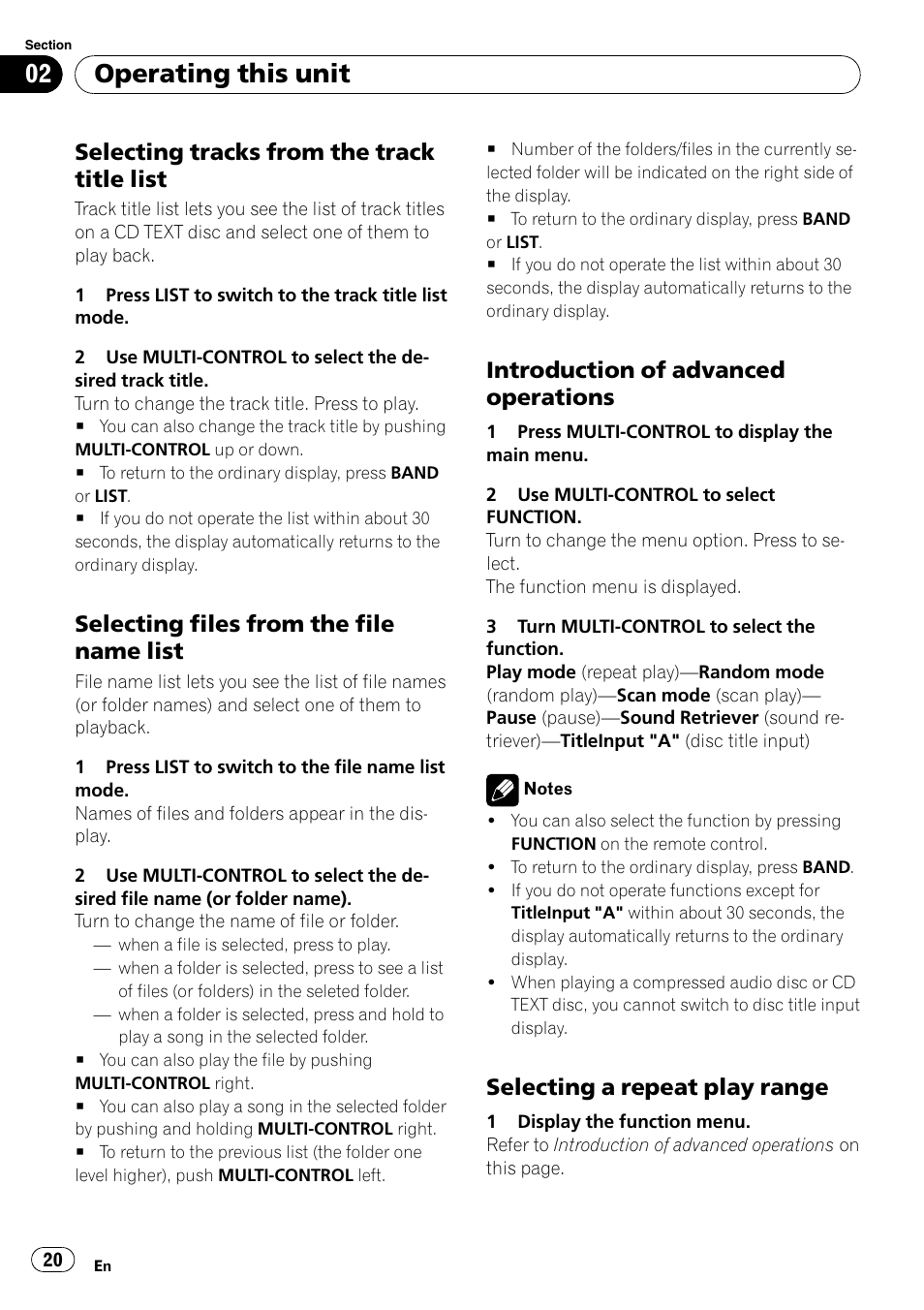 Selecting tracks from the track title, List, Selecting files from the file name | Introduction of advanced, Operations, Selecting a repeat play range 20, Operating this unit, Selecting tracks from the track title list, Selecting files from the file name list, Introduction of advanced operations | Pioneer DEH-P7000UB User Manual | Page 20 / 70