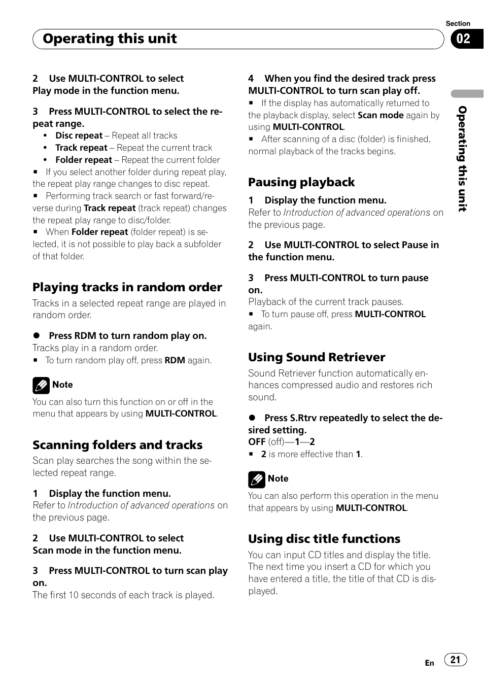 Playing tracks in random order 21, Scanning folders and tracks 21, Pausing playback 21 | Using sound retriever 21, Using disc title functions 21, Operating this unit, Playing tracks in random order, Scanning folders and tracks, Pausing playback, Using sound retriever | Pioneer DEH-P7000UB User Manual | Page 21 / 70