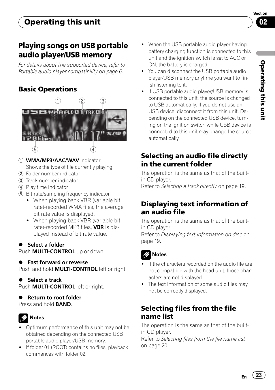Playing songs on usb portable audio player, Usb memory, Basic operations 23 | Selecting an audio file directly in the, Current folder, Displaying text information of an audio, File, Selecting files from the file name, List, Operating this unit | Pioneer DEH-P7000UB User Manual | Page 23 / 70