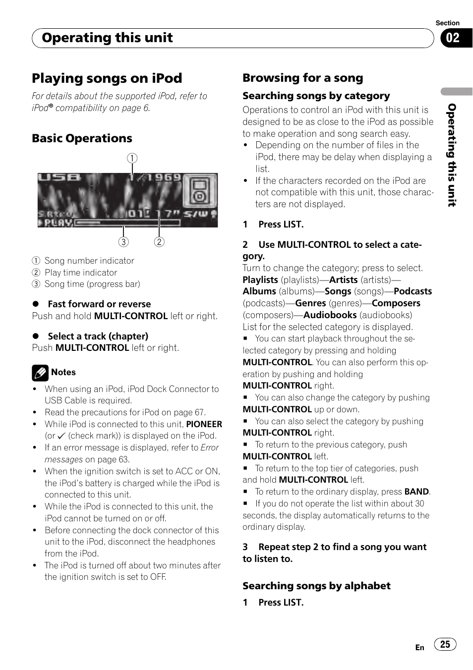 Playing songs on ipod, Basic operations 25, Browsing for a song 25 | Operating this unit, Basic operations, Browsing for a song | Pioneer DEH-P7000UB User Manual | Page 25 / 70