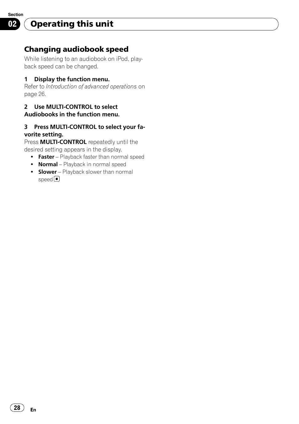 Changing audiobook speed 28, Operating this unit, Changing audiobook speed | Pioneer DEH-P7000UB User Manual | Page 28 / 70