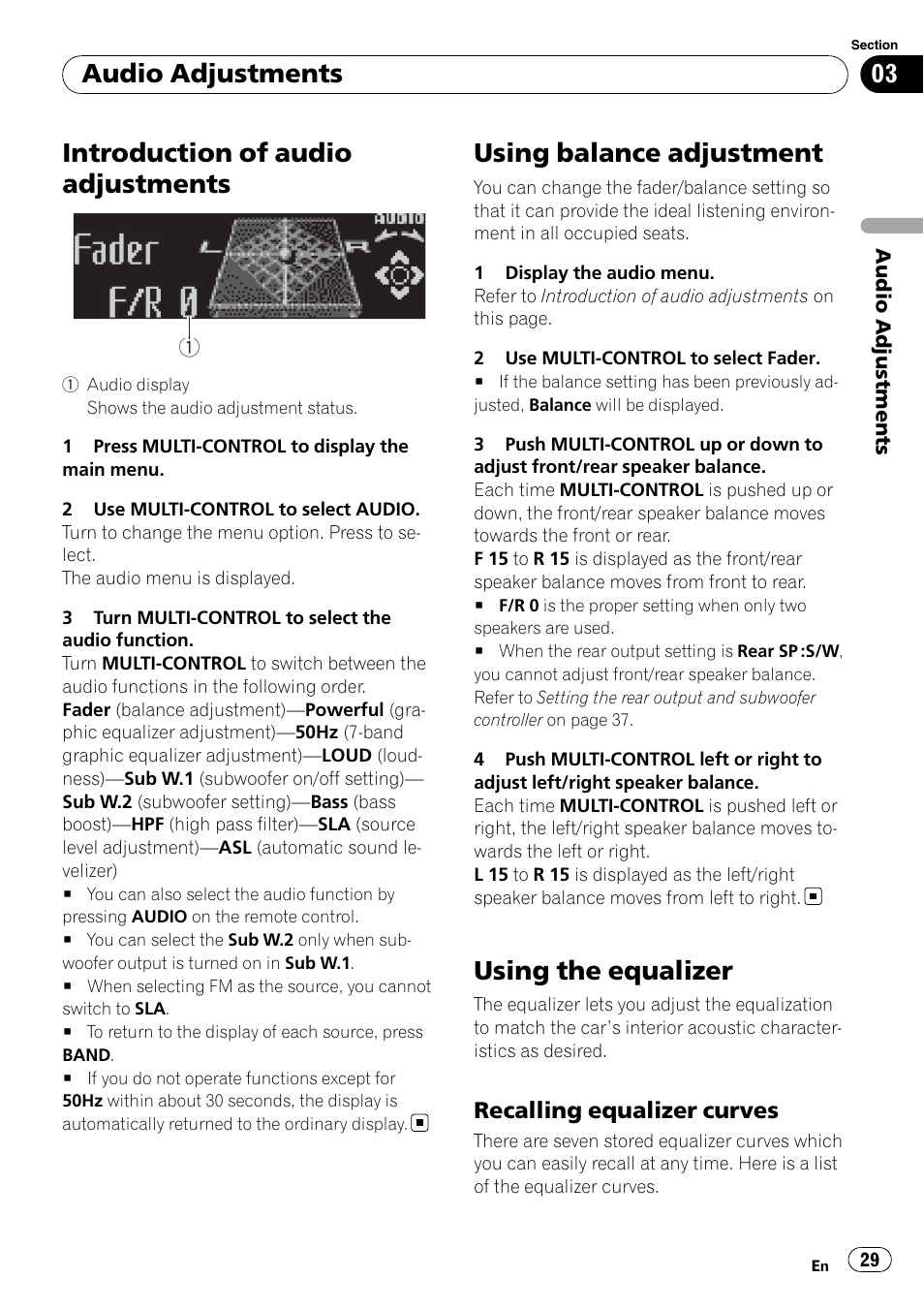 Using balance adjustment, Using the equalizer, Recalling equalizer curves 29 | Introduction of audio adjustments, Audio adjustments, Recalling equalizer curves | Pioneer DEH-P7000UB User Manual | Page 29 / 70