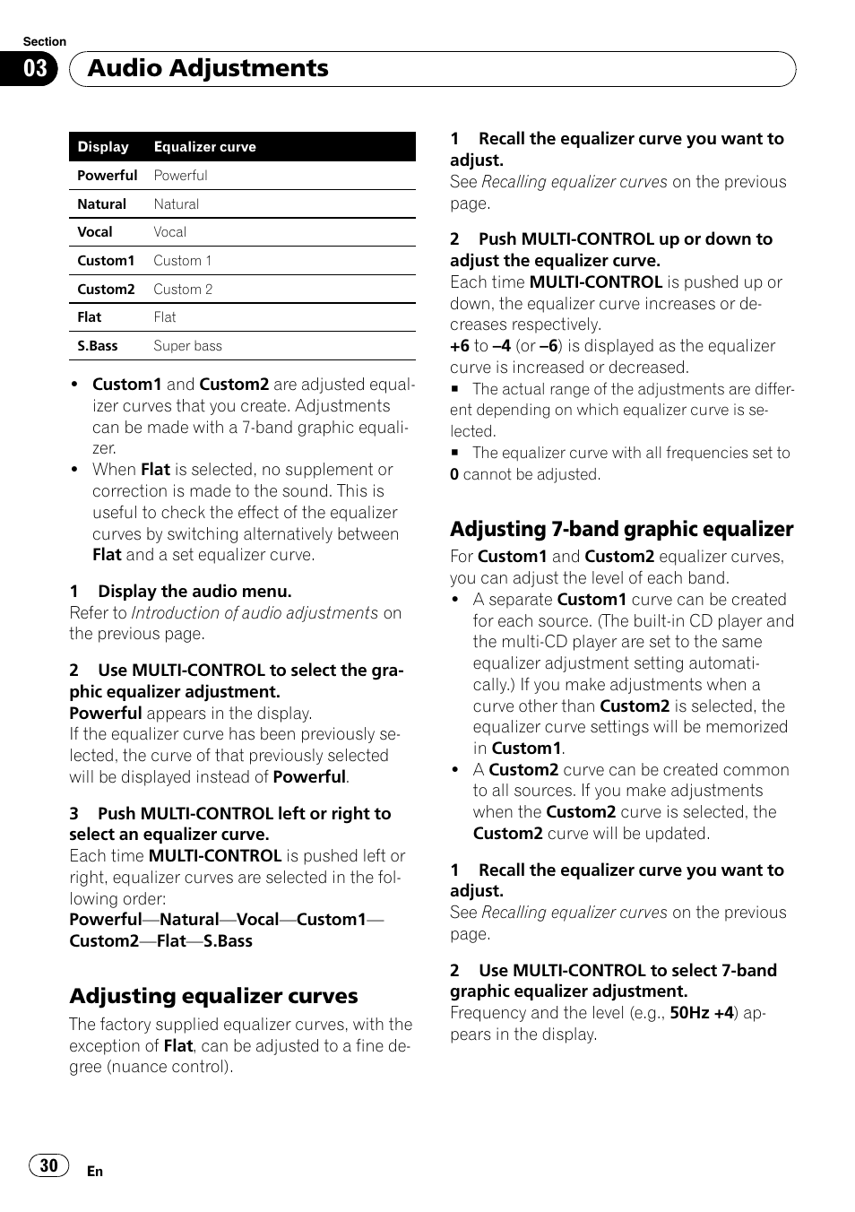 Adjusting equalizer curves 30, Adjusting 7-band graphic equalizer 30, Audio adjustments | Adjusting equalizer curves, Adjusting 7-band graphic equalizer | Pioneer DEH-P7000UB User Manual | Page 30 / 70